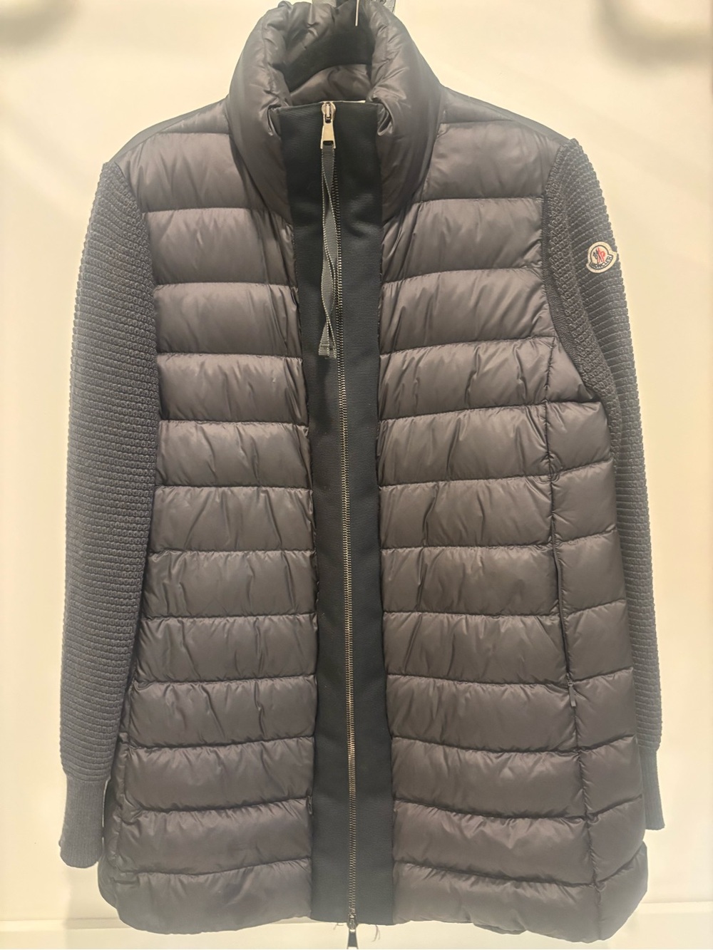 Moncler Women’s Grey Quilted Down Jacket with Knit Sleeves
